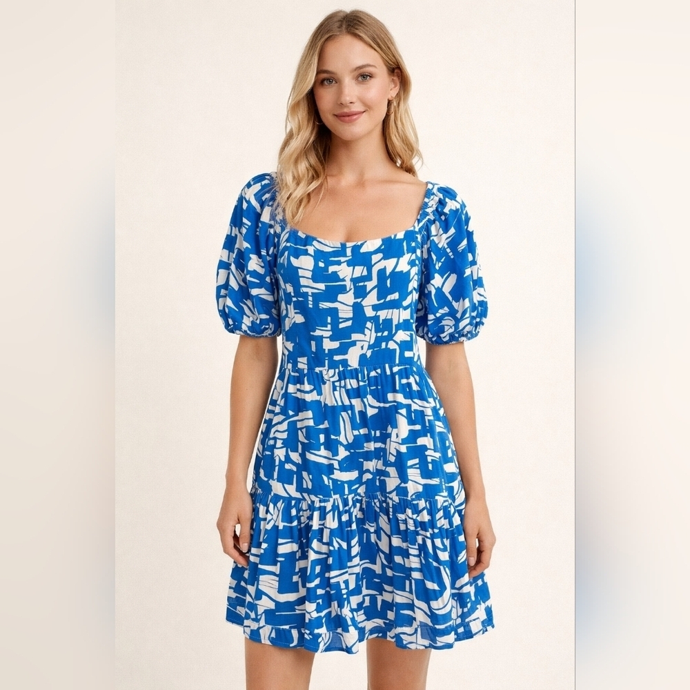 2/$20 Japna Blue and White Geometric Midi Dress